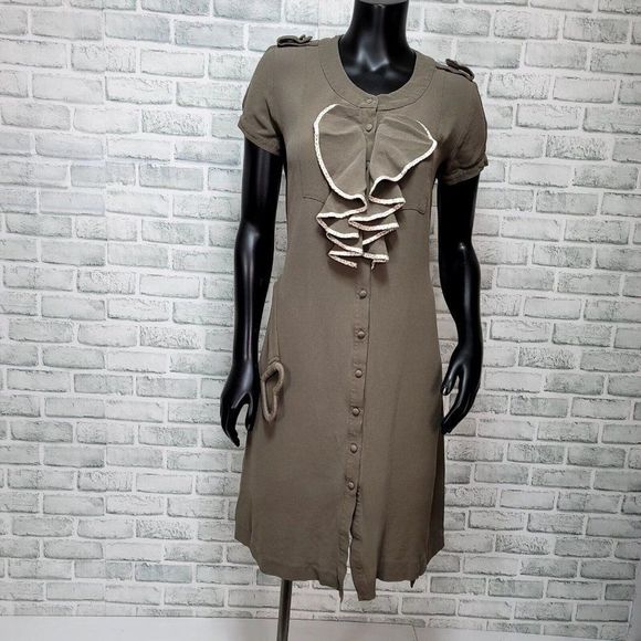 Viktor & Rolf by H&M Womens 10 Taupe Silk Ruffle‎ Button Front Heart Belt Dress - Picture 8 of 11
